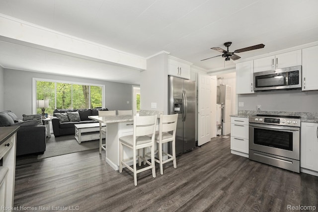 9689 Pine Ln, Evart, MI 49631 - kitchen with appliances with stainless steel finishes, open floor plan, dark wood-style flooring, white cabinetry, and ceiling fan