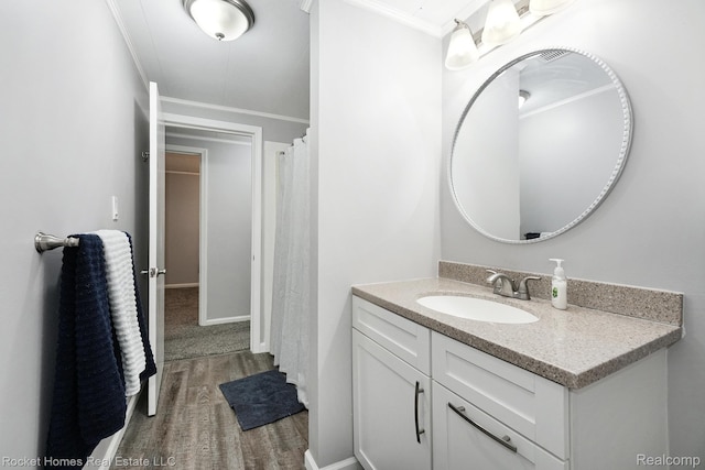 9689 Pine Ln, Evart, MI 49631 - bathroom with ornamental molding, vanity, and wood finished floors