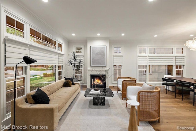 855 Wallace St, Birmingham, MI 48009 - living area featuring a fireplace, wood finished floors, crown molding, recessed lighting, and healthy amount of natural light