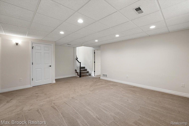 855 Wallace St, Birmingham, MI 48009 - finished basement featuring stairway, carpet, recessed lighting, baseboards, and a drop ceiling