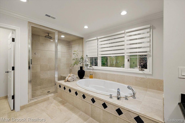 855 Wallace St, Birmingham, MI 48009 - bathroom with a stall shower, a garden tub, crown molding, and recessed lighting