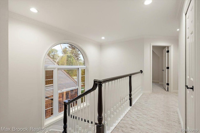 855 Wallace St, Birmingham, MI 48009 - hall with an upstairs landing, crown molding, recessed lighting, and baseboards