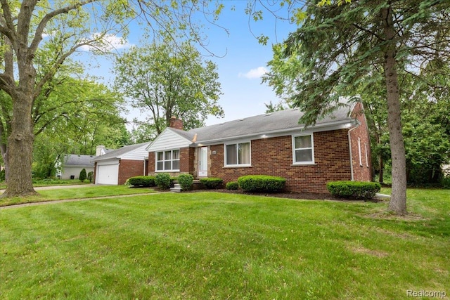 26080 Elba, Redford, MI 48239 - ranch-style home with a garage, a chimney, brick siding, and a front lawn