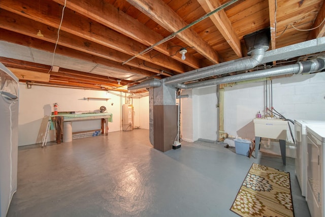 801 Briarcliff Rd, Jackson, MI 49203 - unfinished basement featuring water heater, heating unit, washing machine and dryer, and a sink