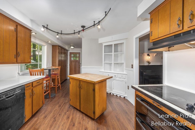 13814 28th St, Lowell, MI 49331 - kitchen with black appliances, butcher block countertops, dark wood-type flooring, and track lighting