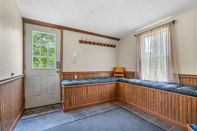 9303 W H Ave, Kalamazoo, MI 49009 - doorway featuring a wainscoted wall, a textured ceiling, wood walls, and dark tile patterned floors