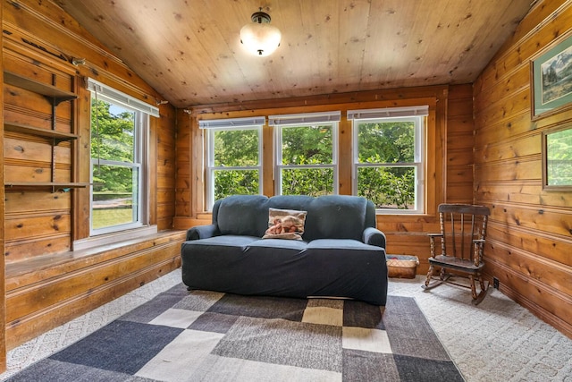 9303 W H Ave, Kalamazoo, MI 49009 - sitting room with vaulted ceiling, carpet floors, wooden walls, and wood ceiling