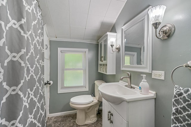 9303 W H Ave, Kalamazoo, MI 49009 - bathroom featuring vanity, toilet, baseboards, ornamental molding, and a shower with shower curtain