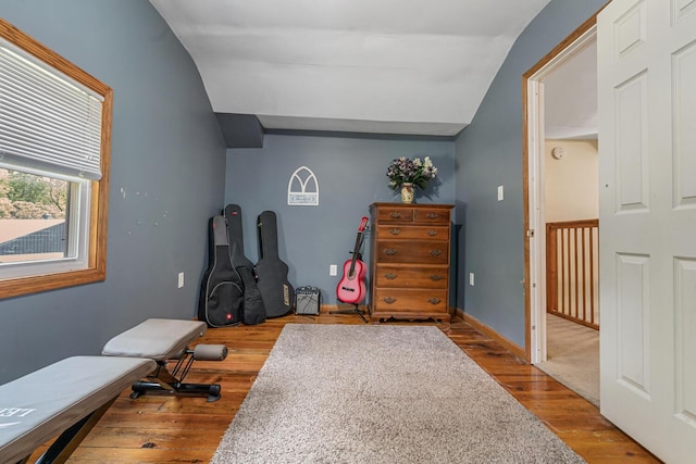 9303 W H Ave, Kalamazoo, MI 49009 - exercise area with lofted ceiling, wood finished floors, and baseboards