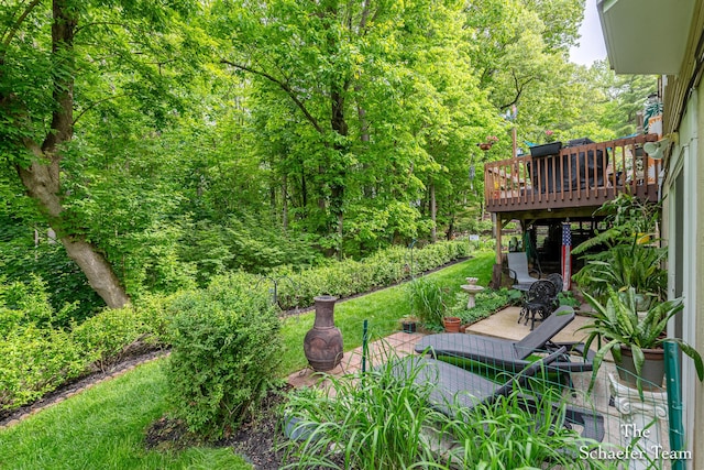 493 Edgeworthe Dr SE, Ada, MI 49301 - view of yard featuring a wooden deck, a patio area, and a wooded view