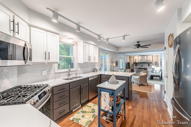 493 Edgeworthe Dr SE, Ada, MI 49301 - kitchen featuring stainless steel appliances, a sink, a peninsula, tasteful backsplash, and white cabinetry