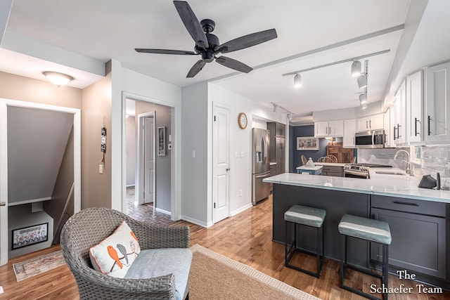 493 Edgeworthe Dr SE, Ada, MI 49301 - kitchen with appliances with stainless steel finishes, a sink, a peninsula, white cabinets, and rail lighting