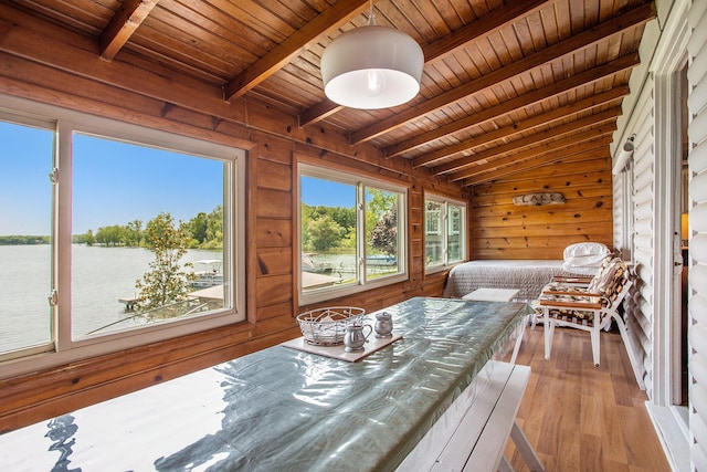 263 Waffle Dr, Coldwater, MI 49036 - bedroom featuring wood ceiling, wooden walls, hardwood / wood-style floors, and a water view