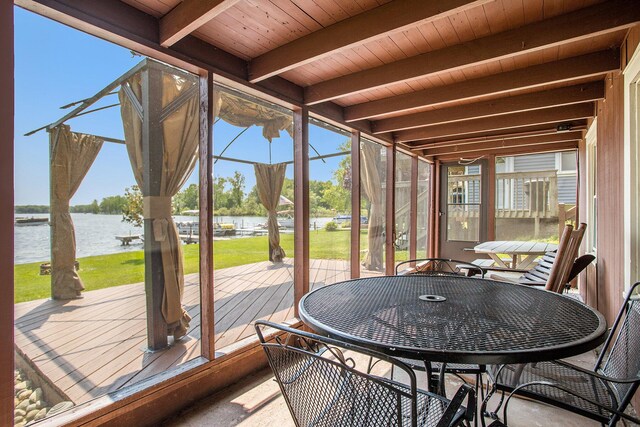 263 Waffle Dr, Coldwater, MI 49036 - sunroom / solarium featuring a water view and beamed ceiling
