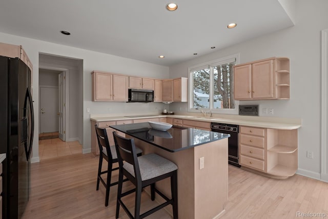 2729 Glenbrooke Ct, Bloomfield Hills, MI 48302 - kitchen with light brown cabinetry, black appliances, open shelves, and recessed lighting