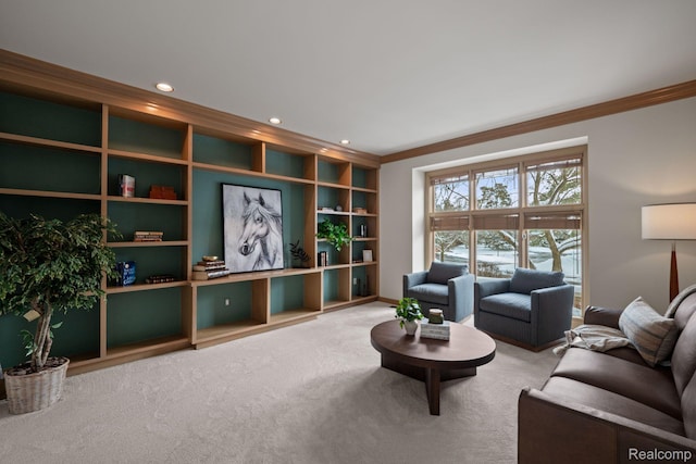 2729 Glenbrooke Ct, Bloomfield Hills, MI 48302 - carpeted living room with ornamental molding, recessed lighting, and built in shelves