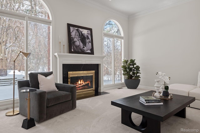 2729 Glenbrooke Ct, Bloomfield Hills, MI 48302 - carpeted living area with a fireplace with flush hearth and crown molding