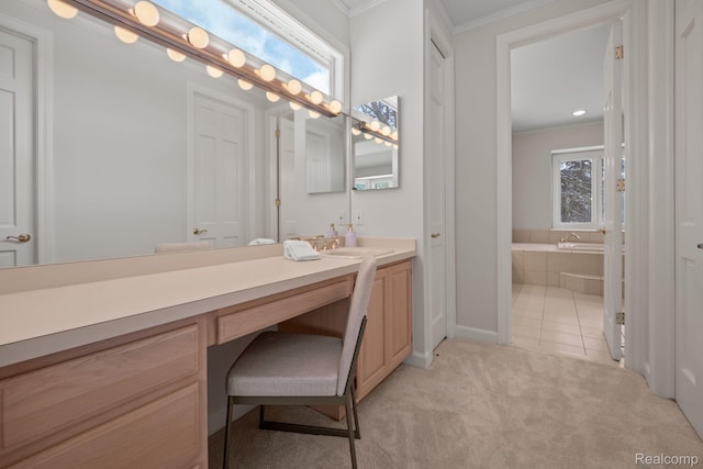 2729 Glenbrooke Ct, Bloomfield Hills, MI 48302 - full bathroom with crown molding, a garden tub, vanity, baseboards, and tile patterned floors