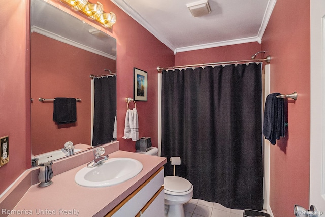 2458 Oseola Ave, Howell, MI 48843 - full bath featuring toilet, vanity, crown molding, tile patterned floors, and a shower with curtain