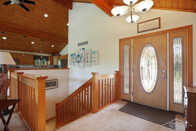 681 Quillett Dr, Beaverton, MI 48612 - entryway with wood ceiling, light carpet, a ceiling fan, a chandelier, and recessed lighting