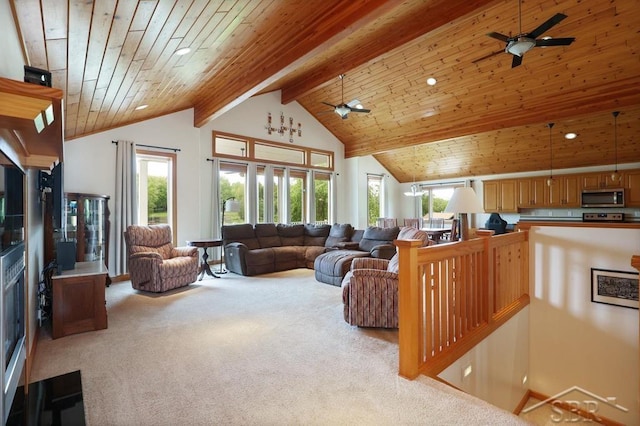 681 Quillett Dr, Beaverton, MI 48612 - carpeted living room featuring ceiling fan, wood ceiling, and recessed lighting