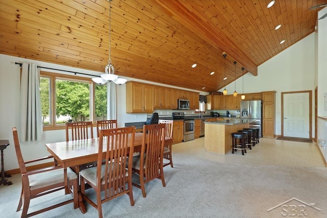 681 Quillett Dr, Beaverton, MI 48612 - dining room featuring light colored carpet, baseboards, high vaulted ceiling, a chandelier, and wooden ceiling
