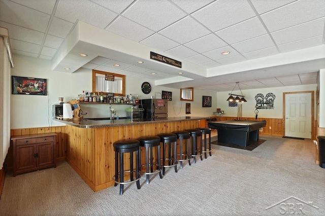 681 Quillett Dr, Beaverton, MI 48612 - indoor wet bar with a paneled ceiling, light carpet, wood walls, a wainscoted wall, and freestanding refrigerator