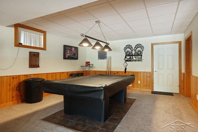 681 Quillett Dr, Beaverton, MI 48612 - recreation room with wainscoting, wood walls, a drop ceiling, billiards table, and dark colored carpet