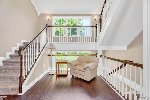 10726 Davisburg Rd, Davisburg, MI 48350 - stairway with wood finished floors, crown molding, a high ceiling, and baseboards