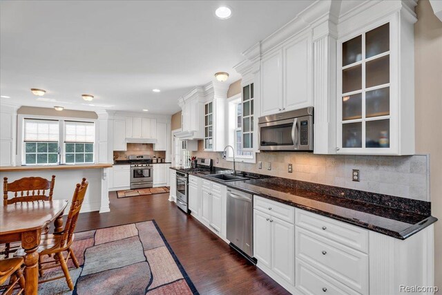 10726 Davisburg Rd, Davisburg, MI 48350 - kitchen featuring appliances with stainless steel finishes, a sink, white cabinets, dark wood-style floors, and tasteful backsplash