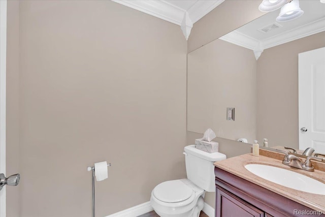 10726 Davisburg Rd, Davisburg, MI 48350 - half bathroom featuring ornamental molding, toilet, vanity, and baseboards