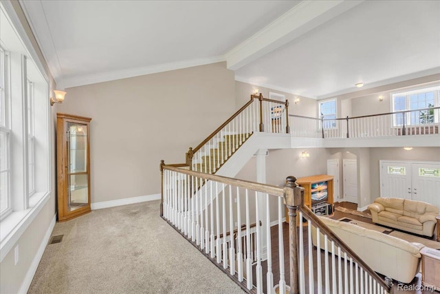 10726 Davisburg Rd, Davisburg, MI 48350 - hallway with carpet, ornamental molding, baseboards, and an upstairs landing