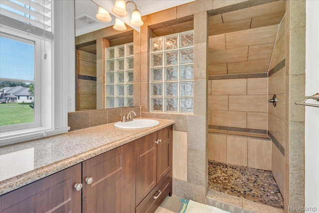 10726 Davisburg Rd, Davisburg, MI 48350 - full bathroom featuring walk in shower, vanity, and backsplash