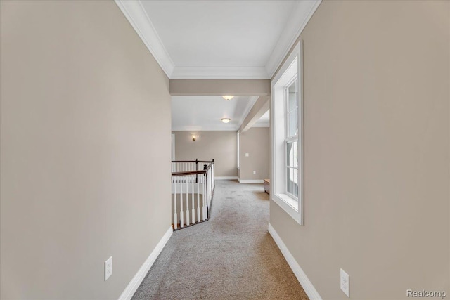 10726 Davisburg Rd, Davisburg, MI 48350 - corridor featuring carpet flooring, crown molding, baseboards, and an upstairs landing