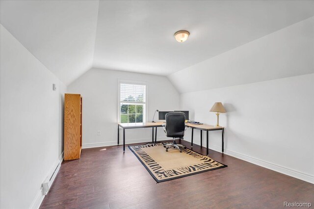 10726 Davisburg Rd, Davisburg, MI 48350 - office space with baseboard heating, lofted ceiling, wood finished floors, and baseboards