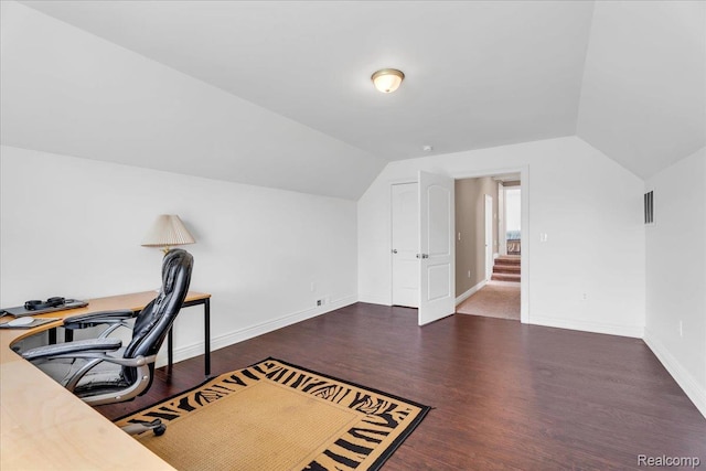 10726 Davisburg Rd, Davisburg, MI 48350 - office area with lofted ceiling, wood finished floors, and baseboards