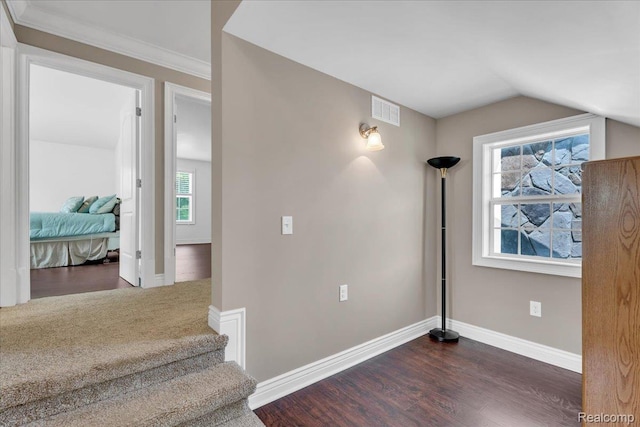 10726 Davisburg Rd, Davisburg, MI 48350 - stairs with wood finished floors, baseboards, lofted ceiling, and ornamental molding