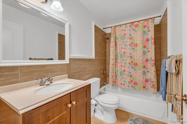 10726 Davisburg Rd, Davisburg, MI 48350 - bathroom with toilet, shower / bath combo with shower curtain, vanity, tile walls, and backsplash