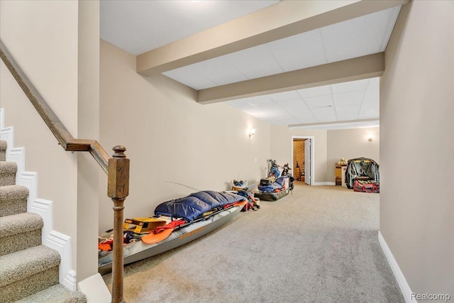 10726 Davisburg Rd, Davisburg, MI 48350 - game room featuring carpet flooring, baseboards, and beamed ceiling