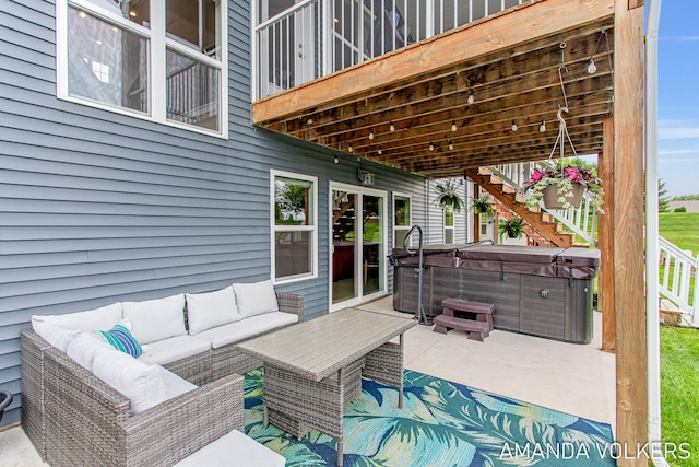 1551 Providence Cove Ct, Byron Center, MI 49315 - view of patio featuring a hot tub, an outdoor hangout area, and stairs