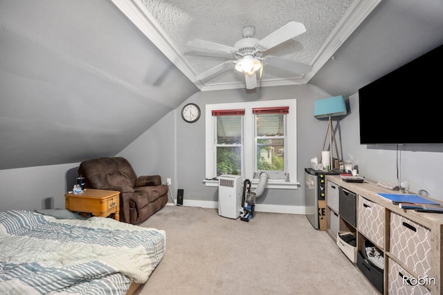 1032 White Ave NW, Grand Rapids, MI 49504 - bedroom with vaulted ceiling, light carpet, baseboards, a ceiling fan, and a textured ceiling