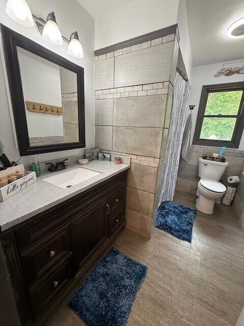 17912 130th Ave, Nunica, MI 49448 - full bath featuring tile walls, toilet, vanity, and a shower with shower curtain