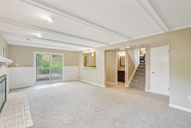 6883 Tamerlane Dr, West Bloomfield, MI 48322 - unfurnished living room with light colored carpet, beamed ceiling, stairs, a brick fireplace, and baseboards