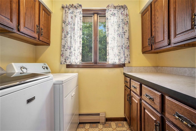 3765 Ryerson Rd, Twin Lake, MI 49457 - washroom with separate washer and dryer, a baseboard radiator, baseboards, and cabinet space