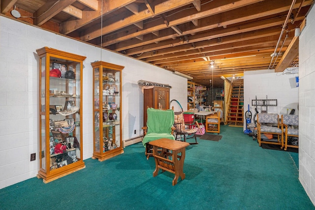 3765 Ryerson Rd, Twin Lake, MI 49457 - unfinished basement with carpet flooring, concrete block wall, and a baseboard heating unit