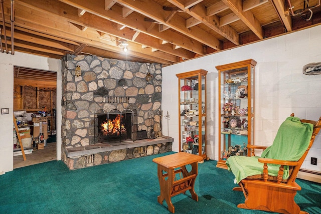 3765 Ryerson Rd, Twin Lake, MI 49457 - carpeted living room with a stone fireplace