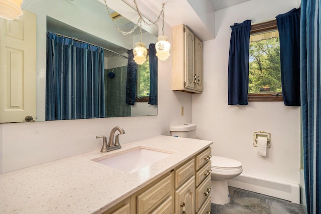 3765 Ryerson Rd, Twin Lake, MI 49457 - bathroom featuring toilet, vanity, a shower with shower curtain, baseboard heating, and baseboards