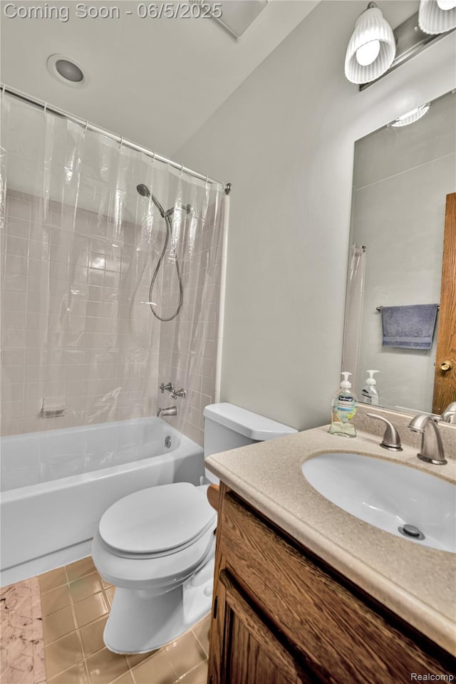 33722 Glen St, Westland, MI 48186 - full bath with vanity, shower / bathtub combination with curtain, toilet, and tile patterned floors