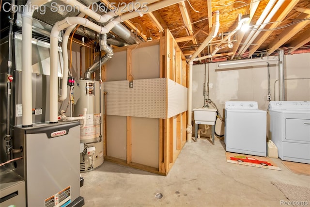 33722 Glen St, Westland, MI 48186 - unfinished basement featuring gas water heater, washer and dryer, a sink, and heating unit