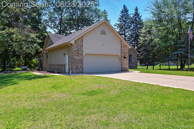 11970 Diamond Dr, Shelby Twp, MI 48315 - view of side of home featuring brick siding, concrete driveway, a lawn, and a garage